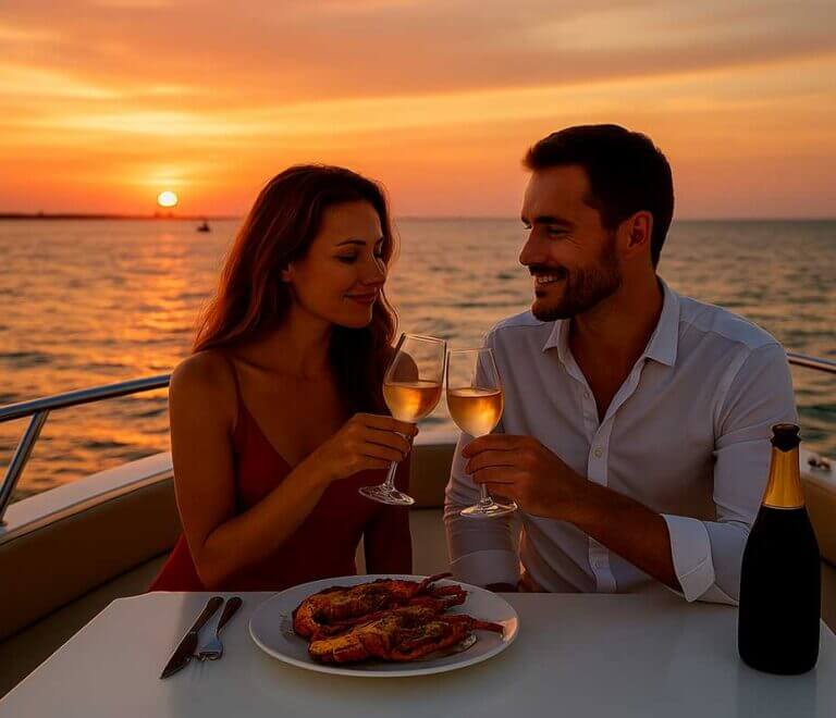 Pareja disfrutando una copa de vino en yate privado durante una cena romántica al atardecer en Cancún