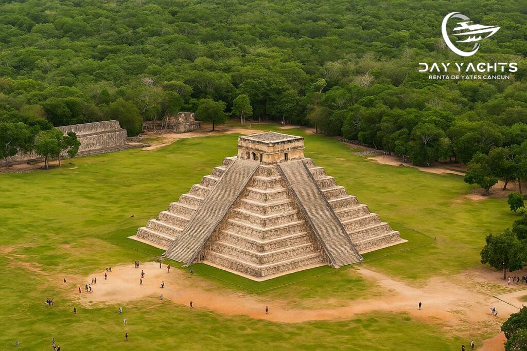 Vista panorámica de la pirámide de Chichén Itzá desde un helicóptero.